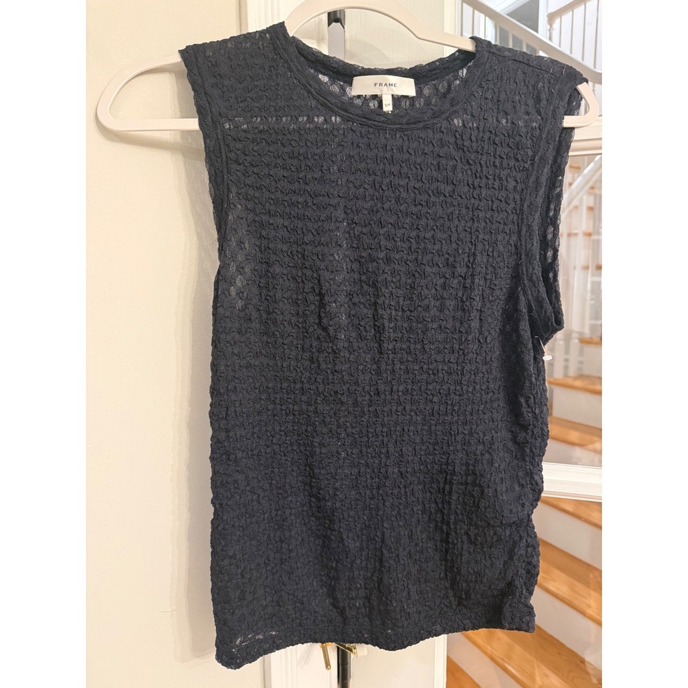 FRAME Navy Blue Textured Lace Smocked Sleeveless Crew Neck Top Small